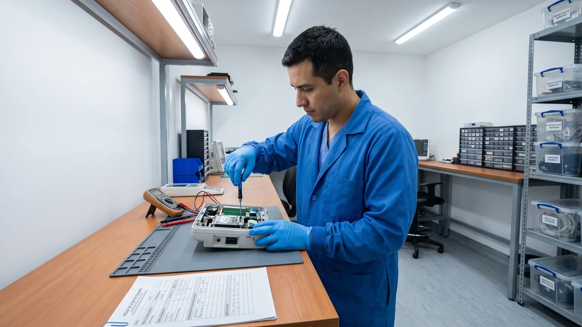 Ingeniero biomedico realizando mantenimiento y reparacion de equipo hospitalario en taller