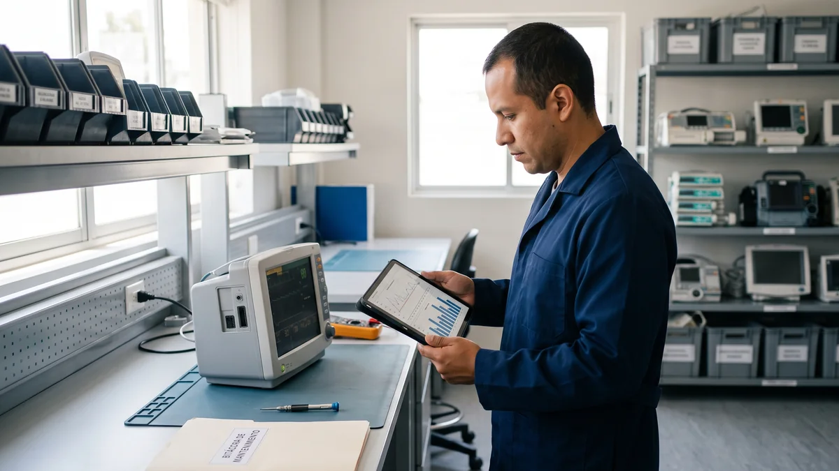 Ingeniero biomedico revisando bitacora y software QS CMMS para normatividad COFEPRIS