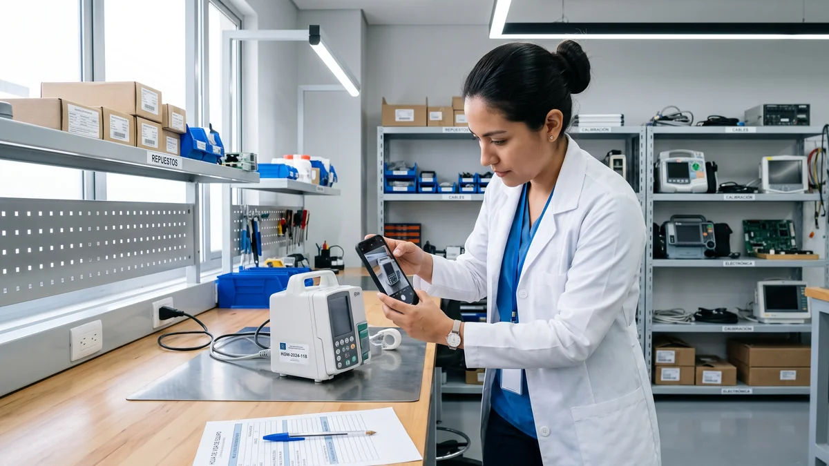 Ingeniera biomedica registrando evidencia fotografica de dispositivo medico para tecnovigilancia