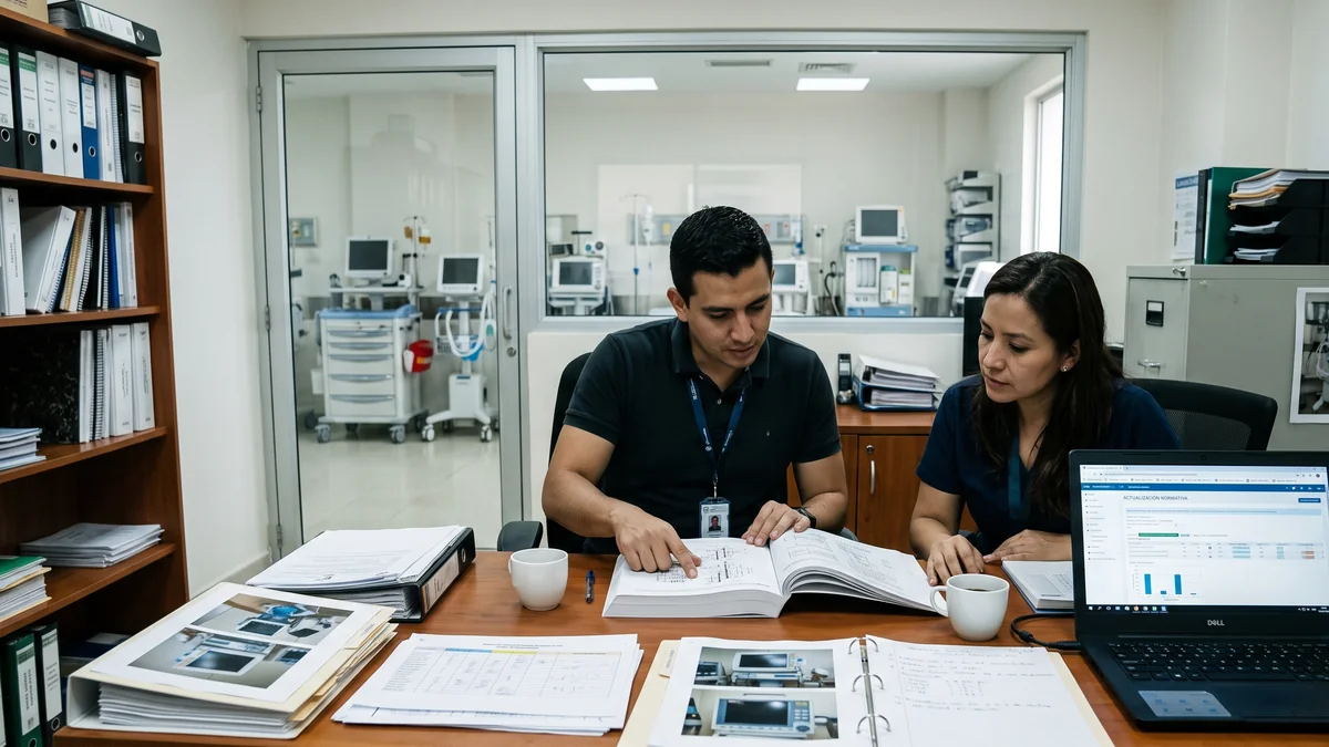 Ingenieros clínicos revisando la Resolución 1732 de 2026 con QS CMMS