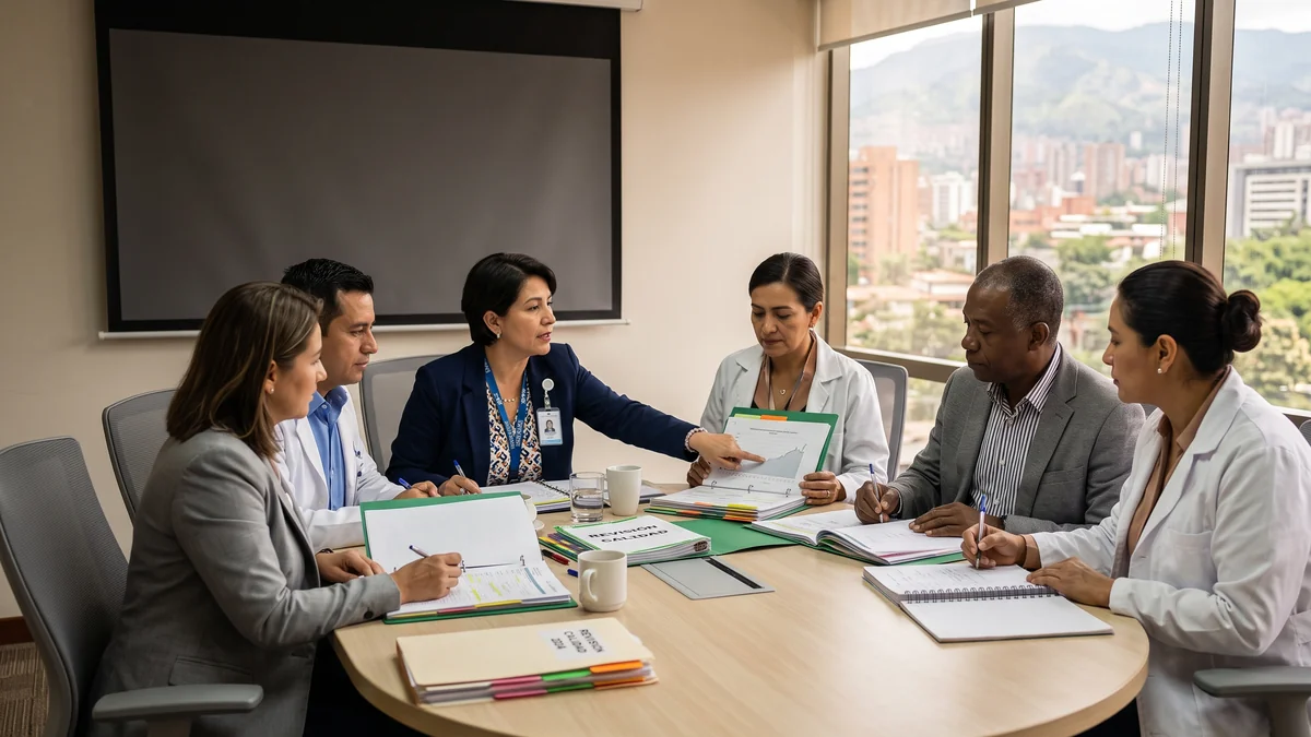 Equipo de salud analizando trazabilidad de tecnologia hospitalaria en tablet para acreditacion