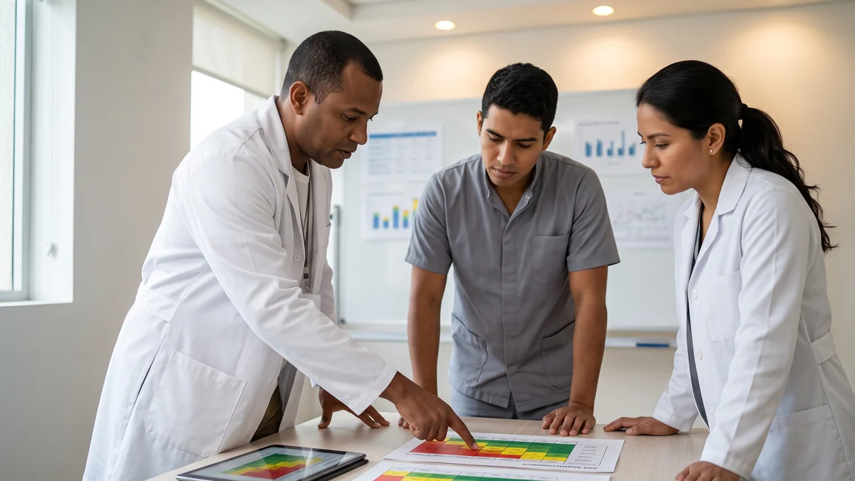 Equipo clinico y de ingenieria biomedica analizando matriz AMFE y gestion de riesgo en salud