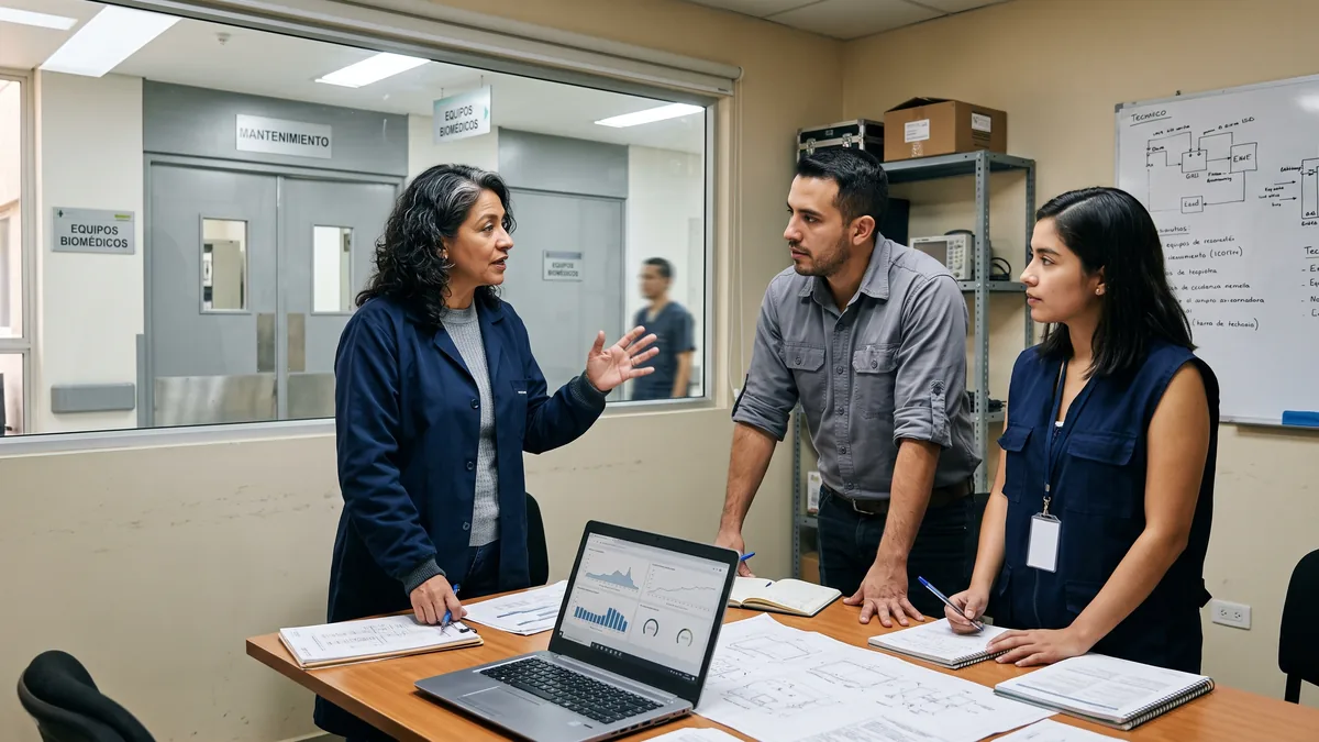Equipo de ingenieria clinica y mantenimiento electrico coordinando seguridad en areas criticas