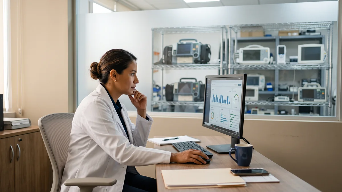 Coordinadora de ingenieria clinica analizando disponibilidad y reportes en dashboard de QS CMMS