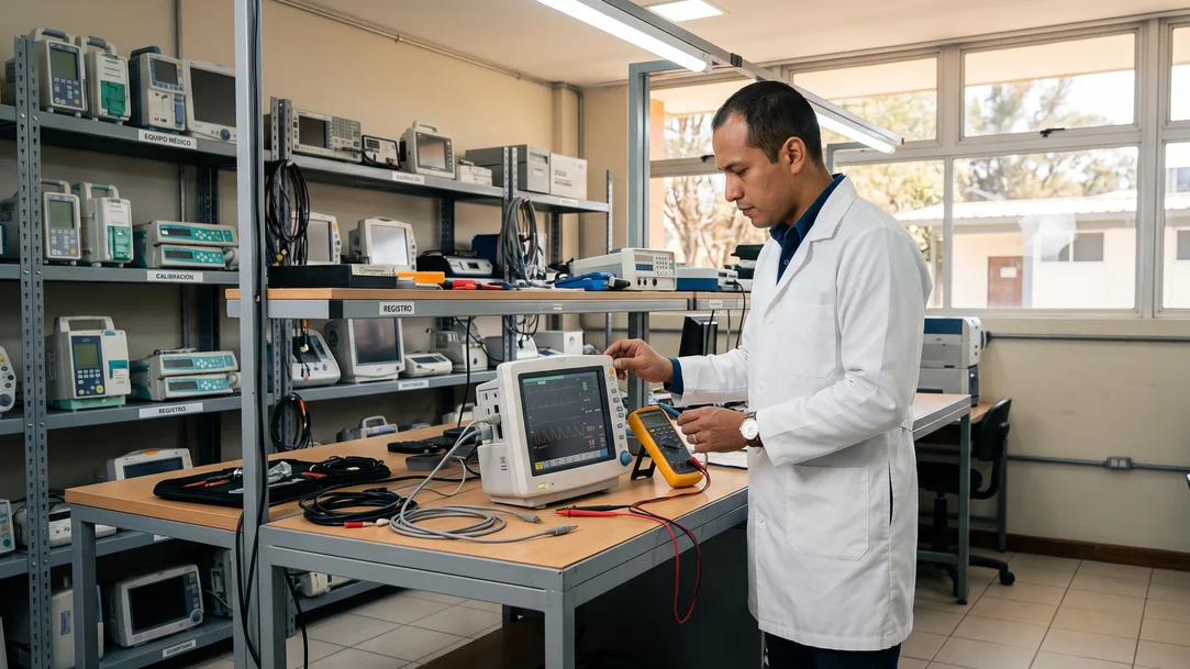 Tecnico ejecutando mantenimiento preventivo y pruebas de seguridad a equipo biomedico hospitalario