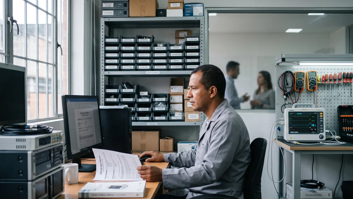 Ingeniero clinico organizando evidencia tecnica y hojas de vida en software QS CMMS para auditoria