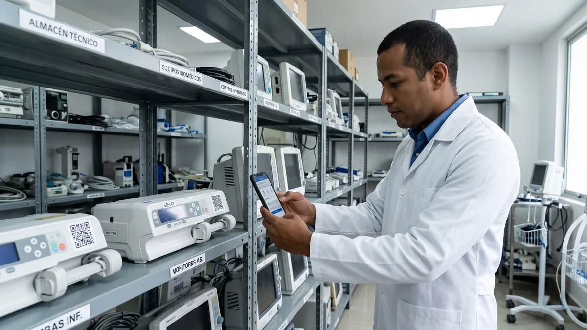 Ingeniero verificando expediente tecnico e historial de equipos biomedicos con aplicacion movil
