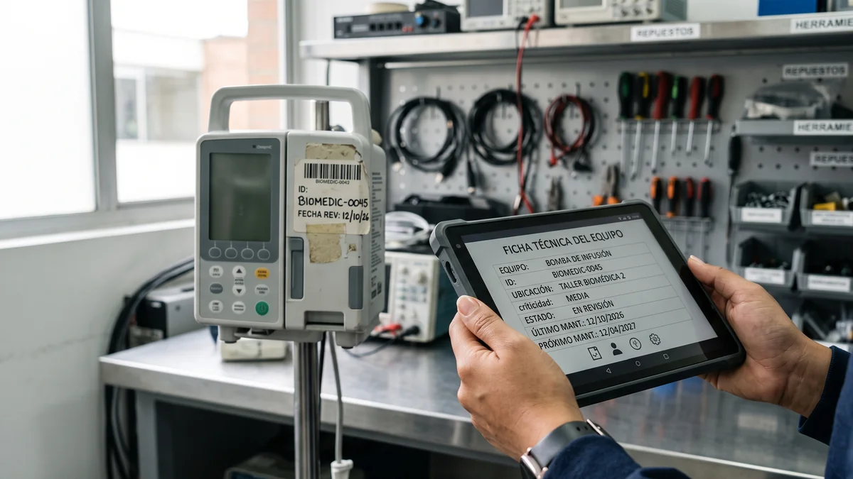 Ficha tecnica digital y hoja de vida de bomba de infusion en tablet con QS CMMS