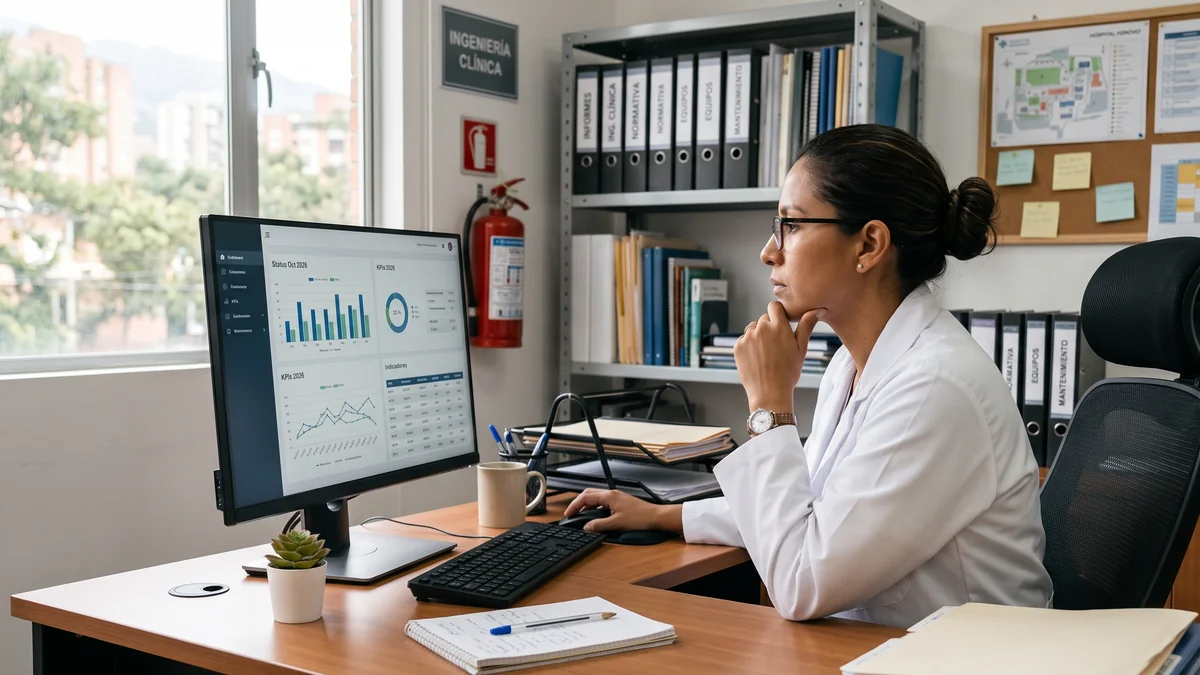 Ingeniera clinica evaluando indicadores de mantenimiento MTTR y disponibilidad en pantalla de PC