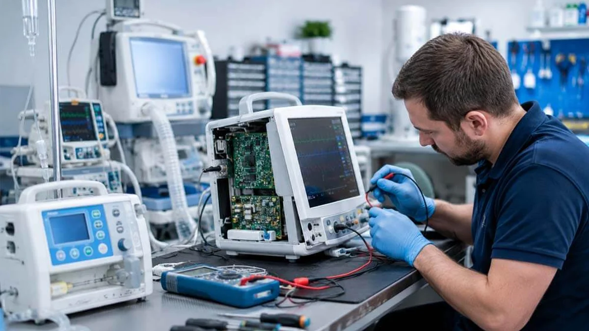 Tecnico biomedico analizando circuito interno de monitor para reporte de tecnovigilancia ARCSA