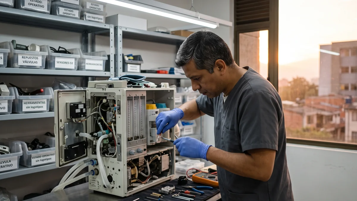 Ingeniero biomedico realizando mantenimiento de equipo medico en hospital de Guatemala