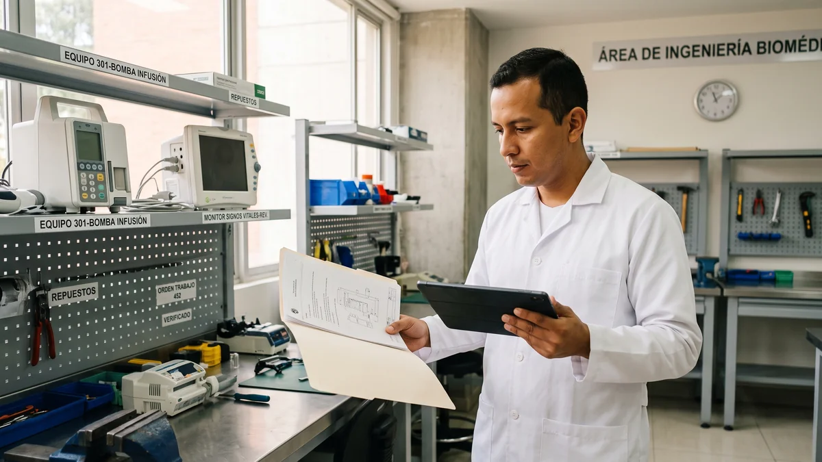 Ingeniero biomedico verificando mantenimiento de equipos biomedicos y trazabilidad en tablet