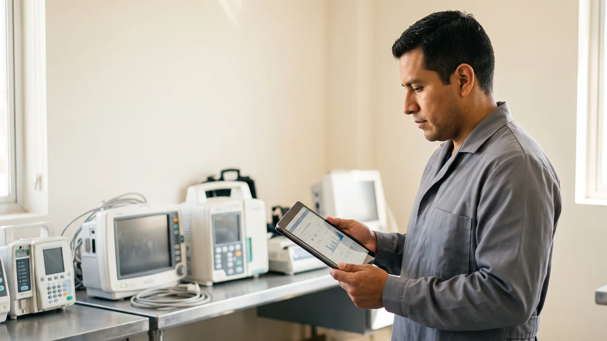 Ingeniero biomedico analizando datos para priorizacion de renovacion tecnologica hospitalaria en QS CMMS