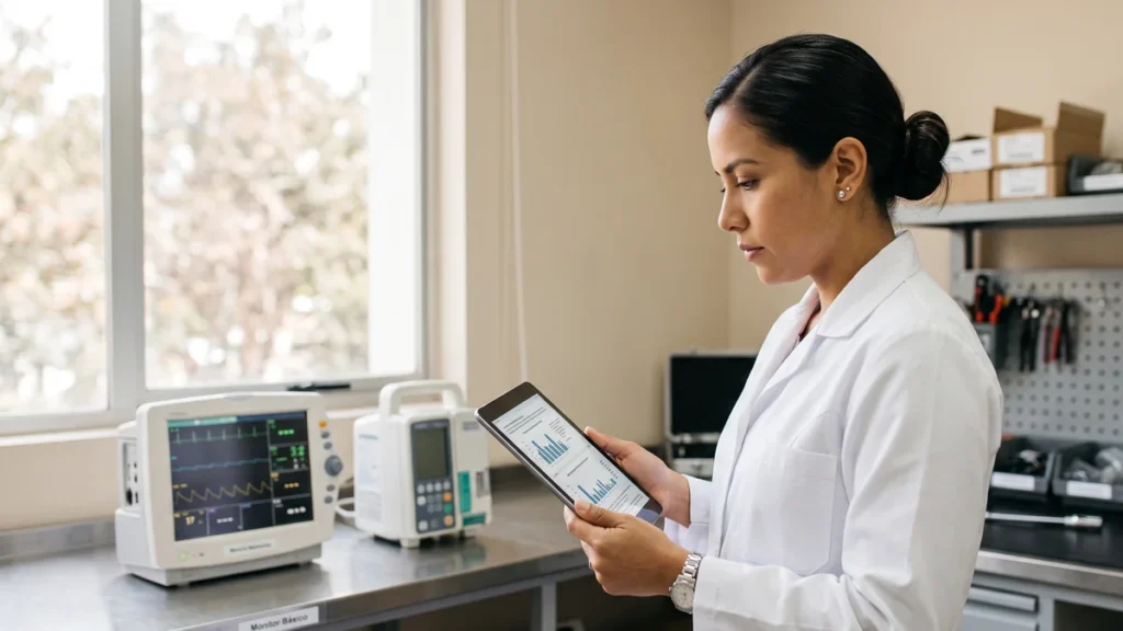 Ingeniera clinica consultando la Resolucion 2080 de 2026 y software QS CMMS en tablet