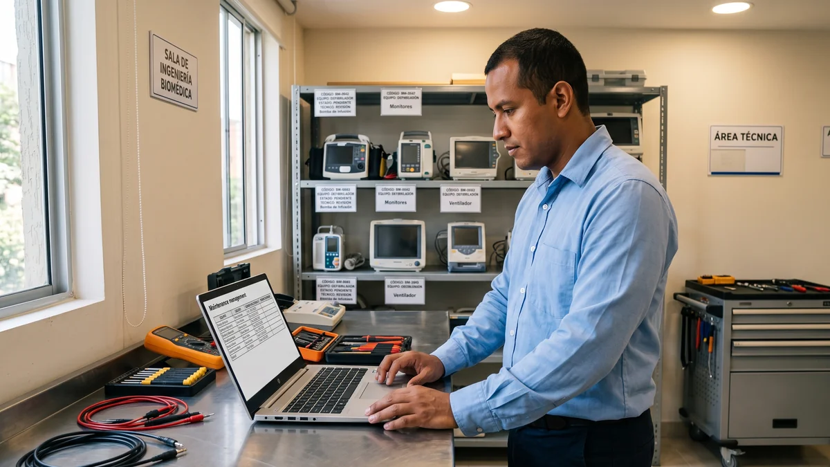 Ingeniero utilizando software de mantenimiento biomedico QS CMMS para registro de intervenciones