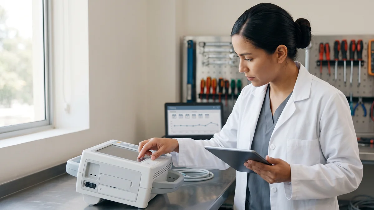 Ingeniera clinica verificando trazabilidad documental y estado de monitor biomedico con tablet