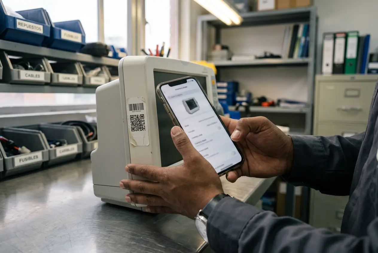 CMMS hospitalario: trazabilidad de equipos biomédicos con códigos QR Profesional utiliza un celular para consultar mediante código QR la información de un equipo biomédico en un CMMS hospitalario.