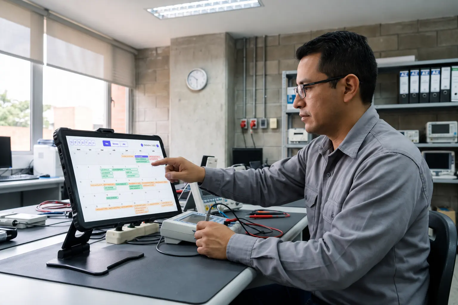 CMMS hospitalario para la planificación del mantenimiento preventivo Profesional de ingeniería clínica consulta en una tablet el cronograma de mantenimiento preventivo de equipos biomédicos mediante un CMMS hospitalario.