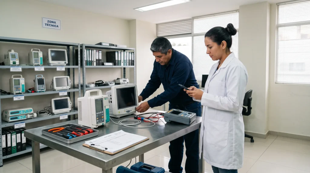 Profesionales de ingeniería clínica inspeccionan equipos biomédicos y registran información técnica, actividades vinculadas a un CMMS hospitalario