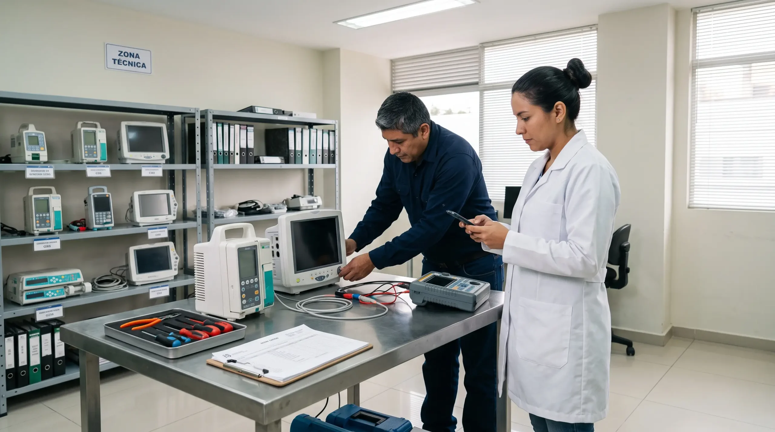 Profesionales de ingeniería clínica inspeccionan equipos biomédicos y registran información técnica, actividades vinculadas a un CMMS hospitalario
