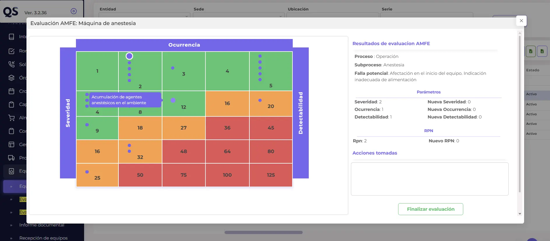 Matriz AMFE en QSystems para evaluar riesgos de una máquina de anestesia mediante severidad, ocurrencia y detectabilidad en procesos de tecnovigilancia en Perú.
