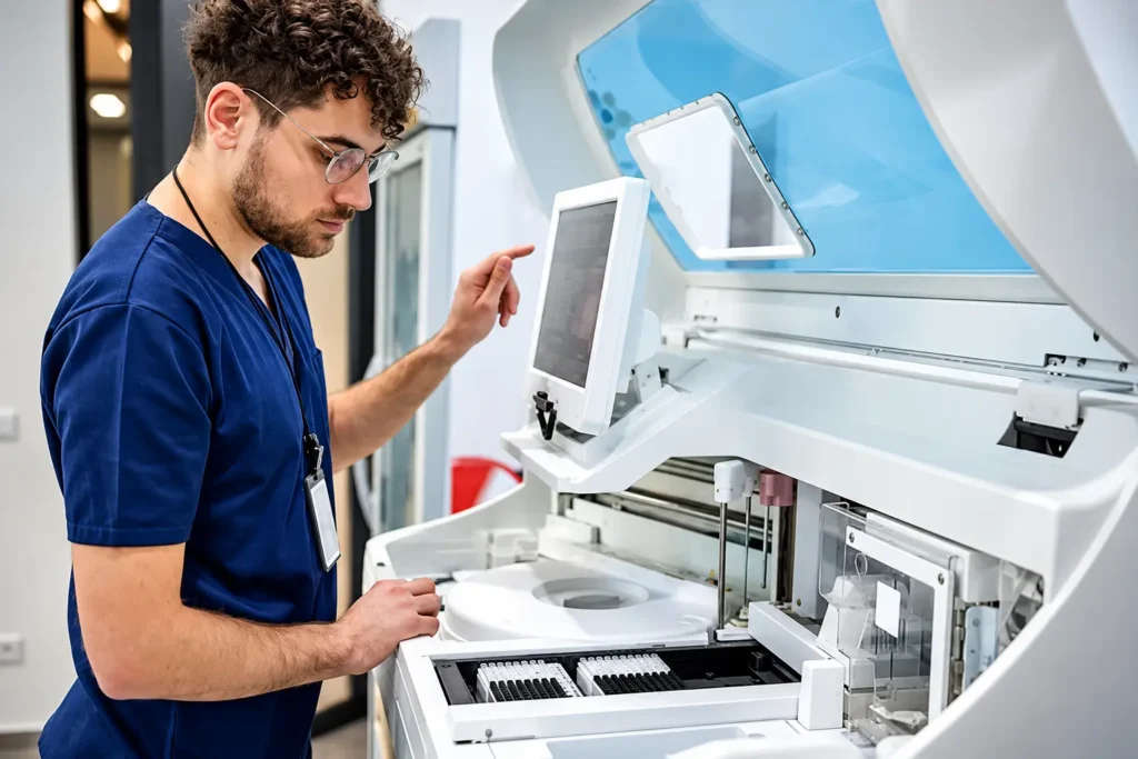 Profesional de laboratorio inspecciona un analizador clínico como parte de la tecnovigilancia en Perú y la prevención de incidentes con dispositivos médicos.